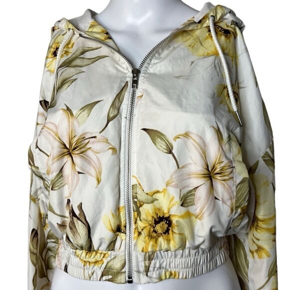 Forever 21 Active Floral Hooded Zip Up Cropped Windbreaker White & Yellow XS - Picture 1 of 6